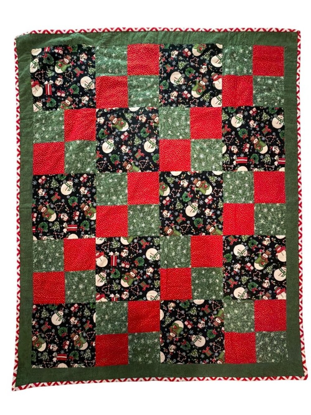 Handmade Christmas Quilt Red/Green/Blk/White Patchwork 47"x38" Lap Size Snowman